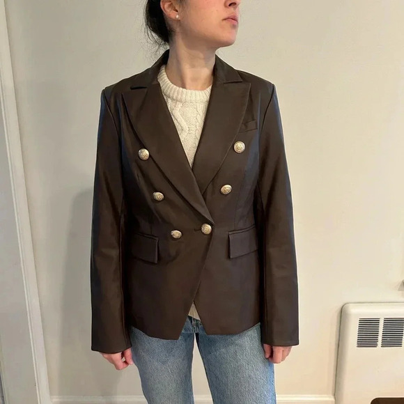 LOVE TOKEN Nellie vegan leather double breasted chocolate brown blazer sz L - Picture 3 of 11